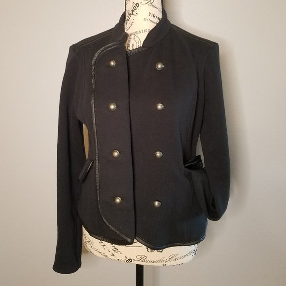 Navy Blue Military Look Blazer w/Faux Leather Trim - Picture 4 of 9